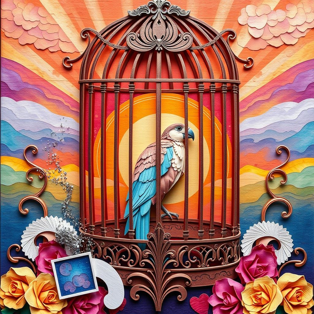 Majestic Bird in Ornate Gouache Cage