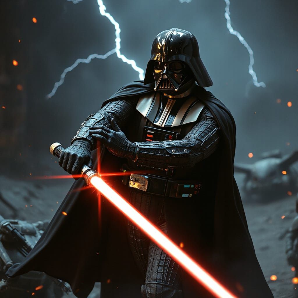 Epic Darth Vader Confronts Rebel Soldier in Dark Fantasy Bat...