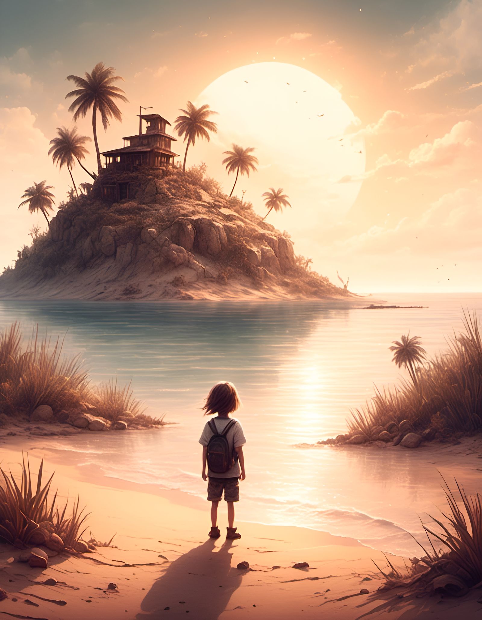 Cute Character on Desert Island in Watercolor Style