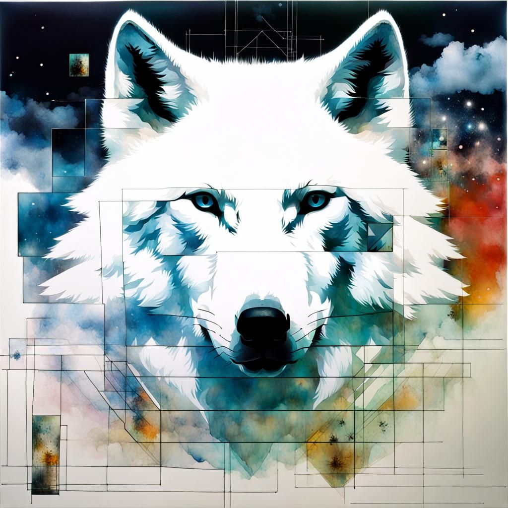 Cosmic White Wolf Double Exposure Art