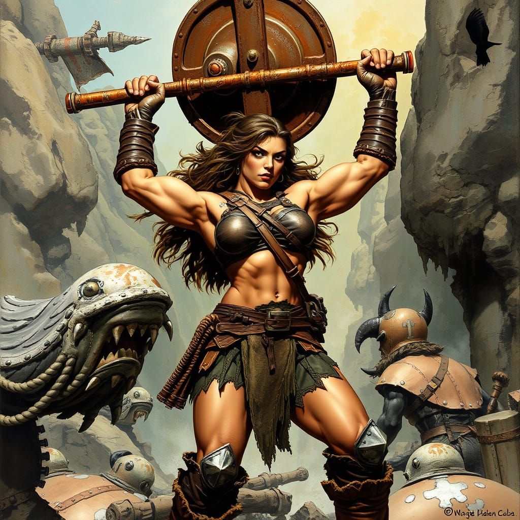 Barbarian Woman Lifts Weight in Fantasy Art Style