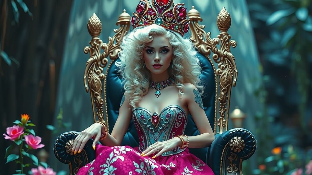 Enchanted Princess on Jeweled Throne in Comic Book Style