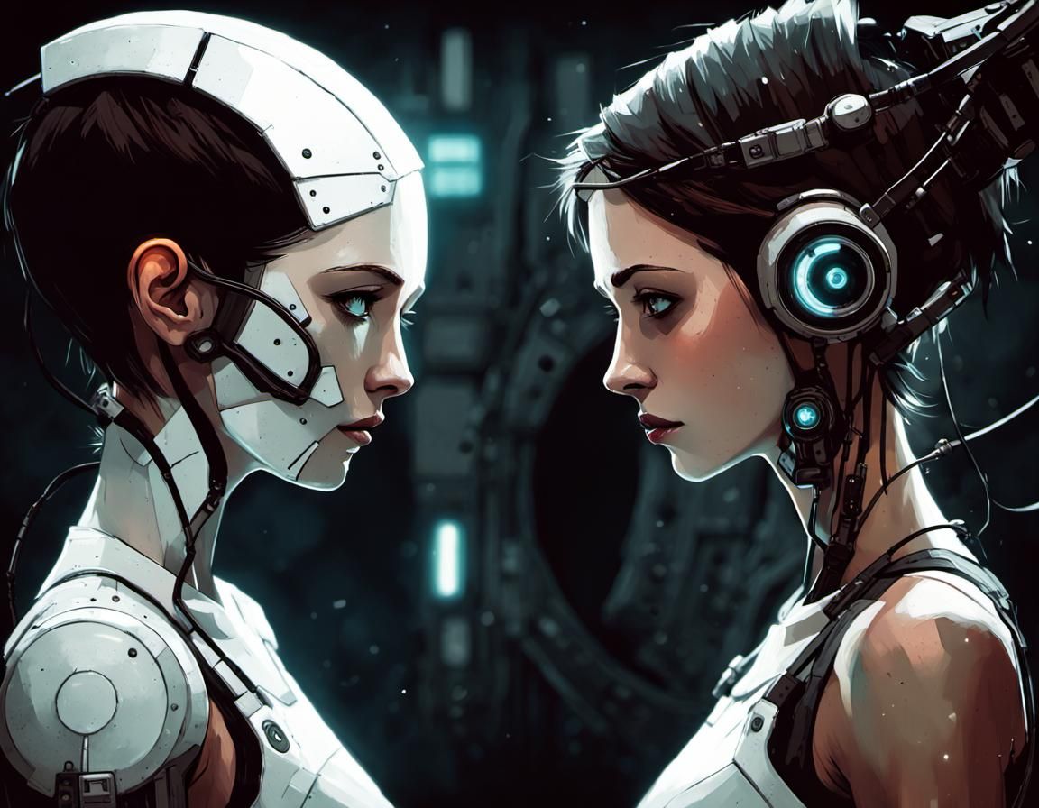Chell and GLaDOS in Noir Cyberpunk City