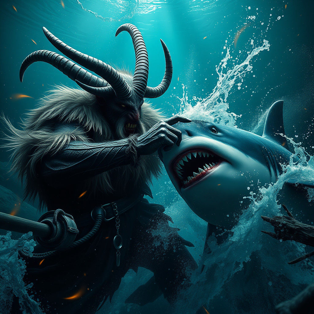 Krampus Punches Shark in Underwater Battle
