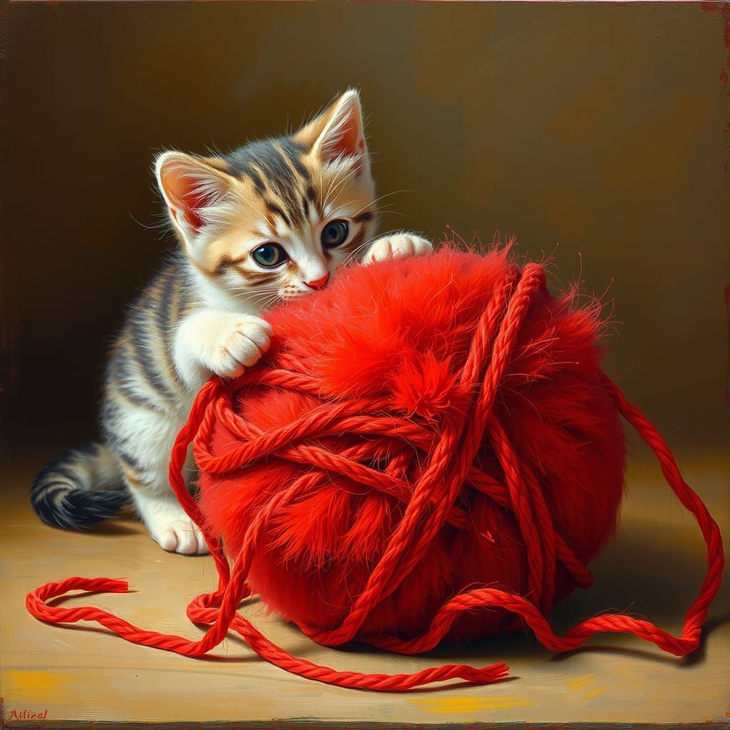 Kitten and Yarn Ball in Expressive Artistic Styles