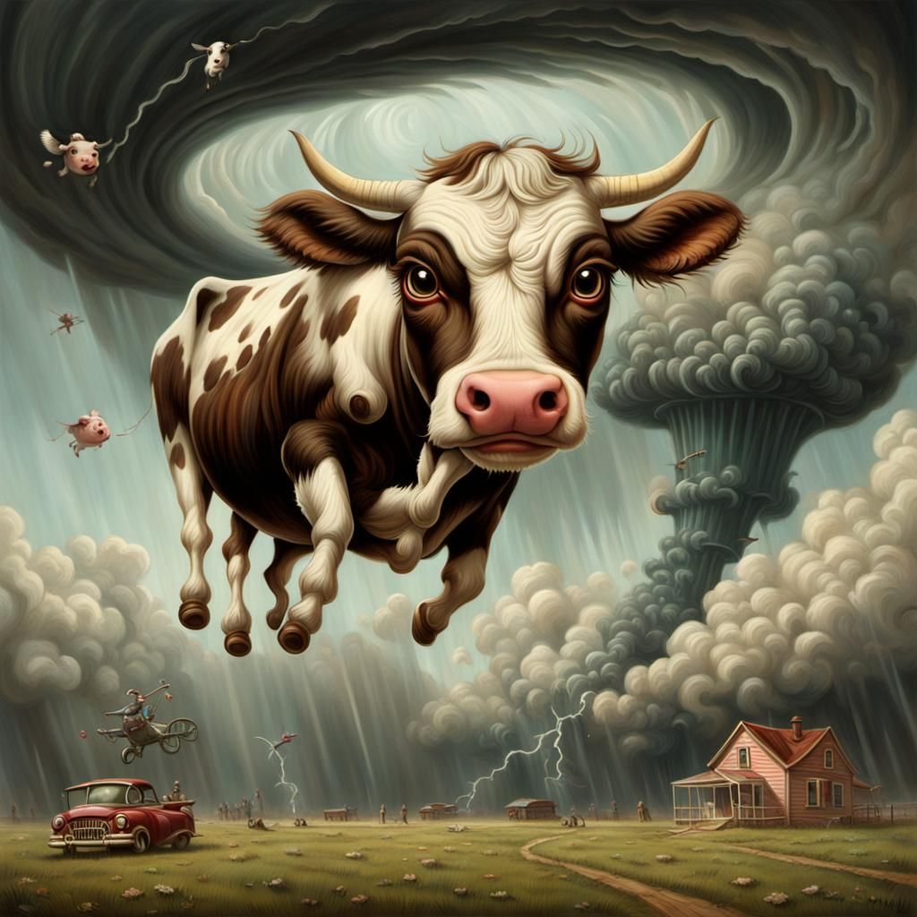 Cow Flying Near Tornado in Mark Ryden Style