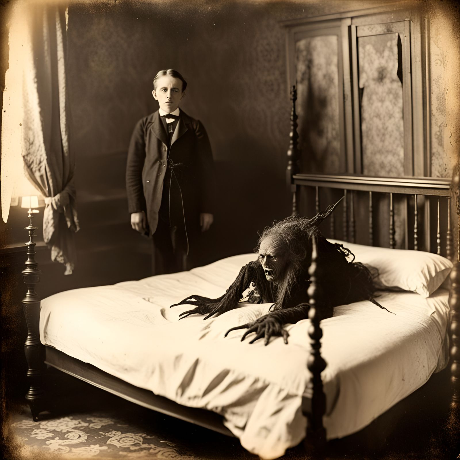 Creepy Antique Photo: Satanic Monster in Victorian Bedroom