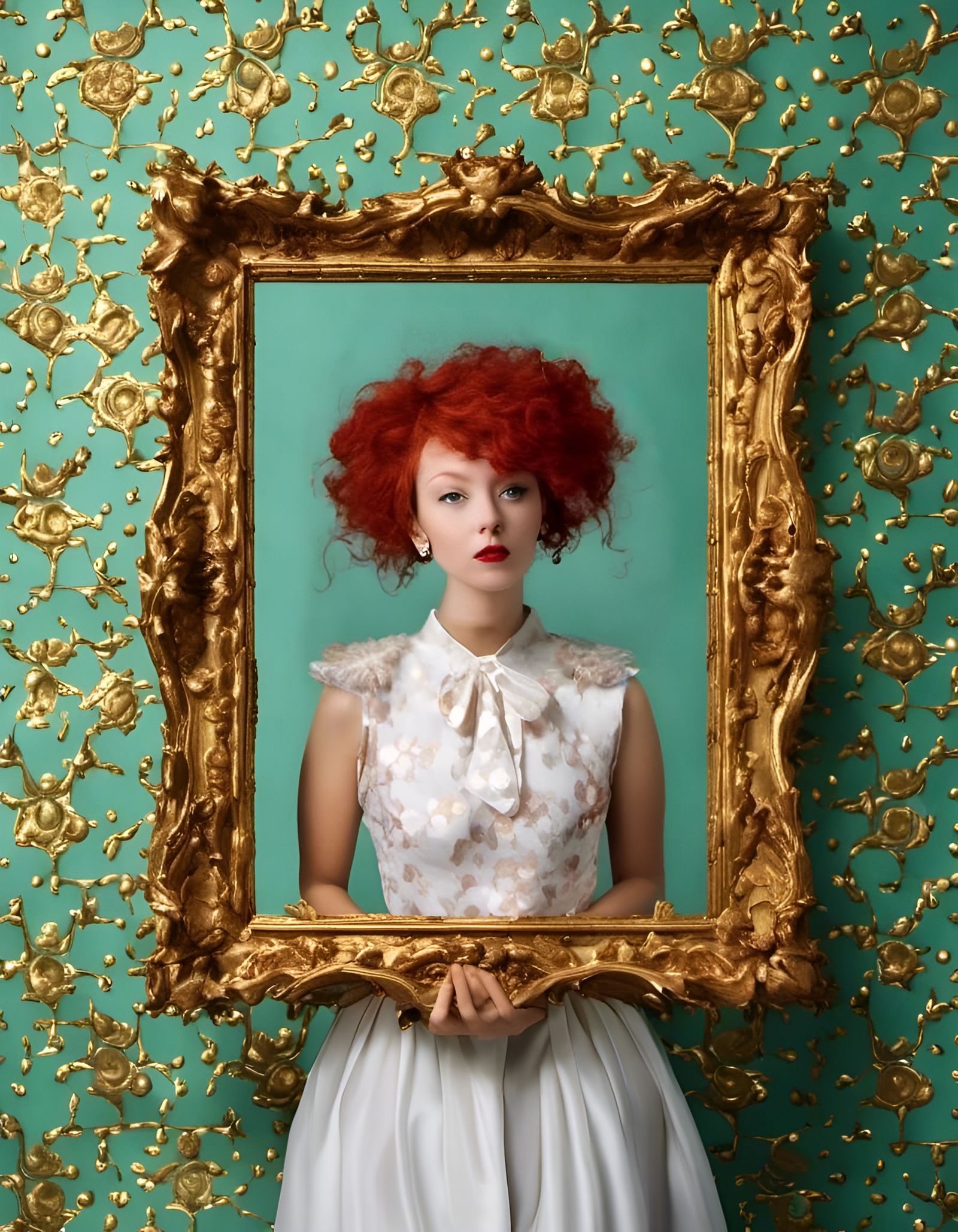 Red-Haired Woman Posing Behind Picture Frame