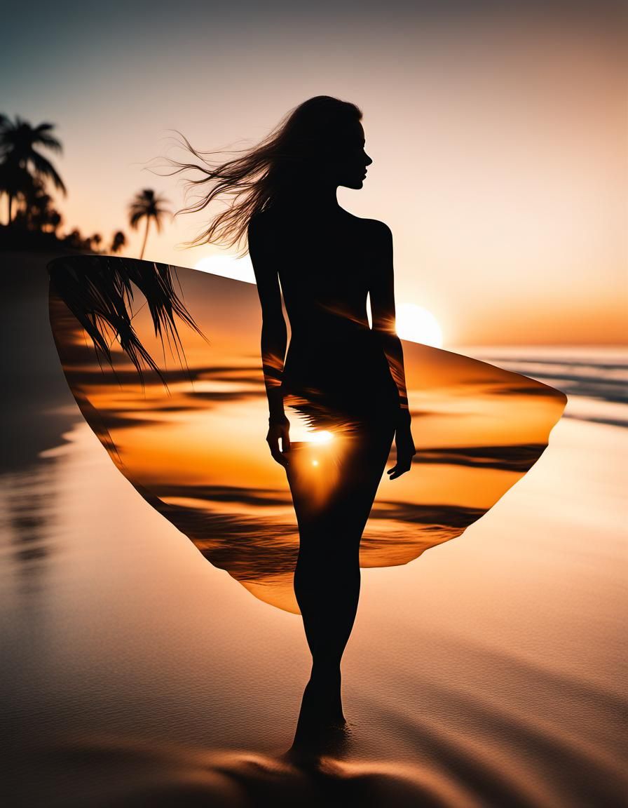 Surreal Sunset Beach Scene with Double Exposure