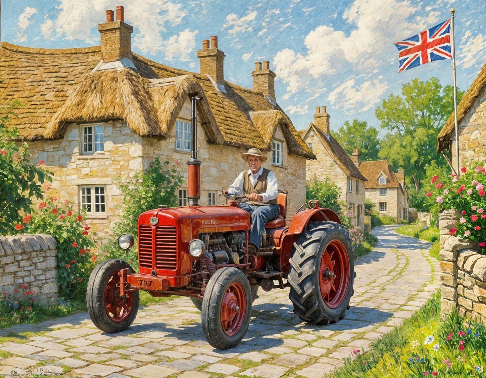 Farmer on Tractor in 1920s Cotswold Village