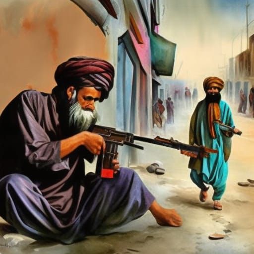Taliban in Ghetto: Gouache Impressionist Masterpiece