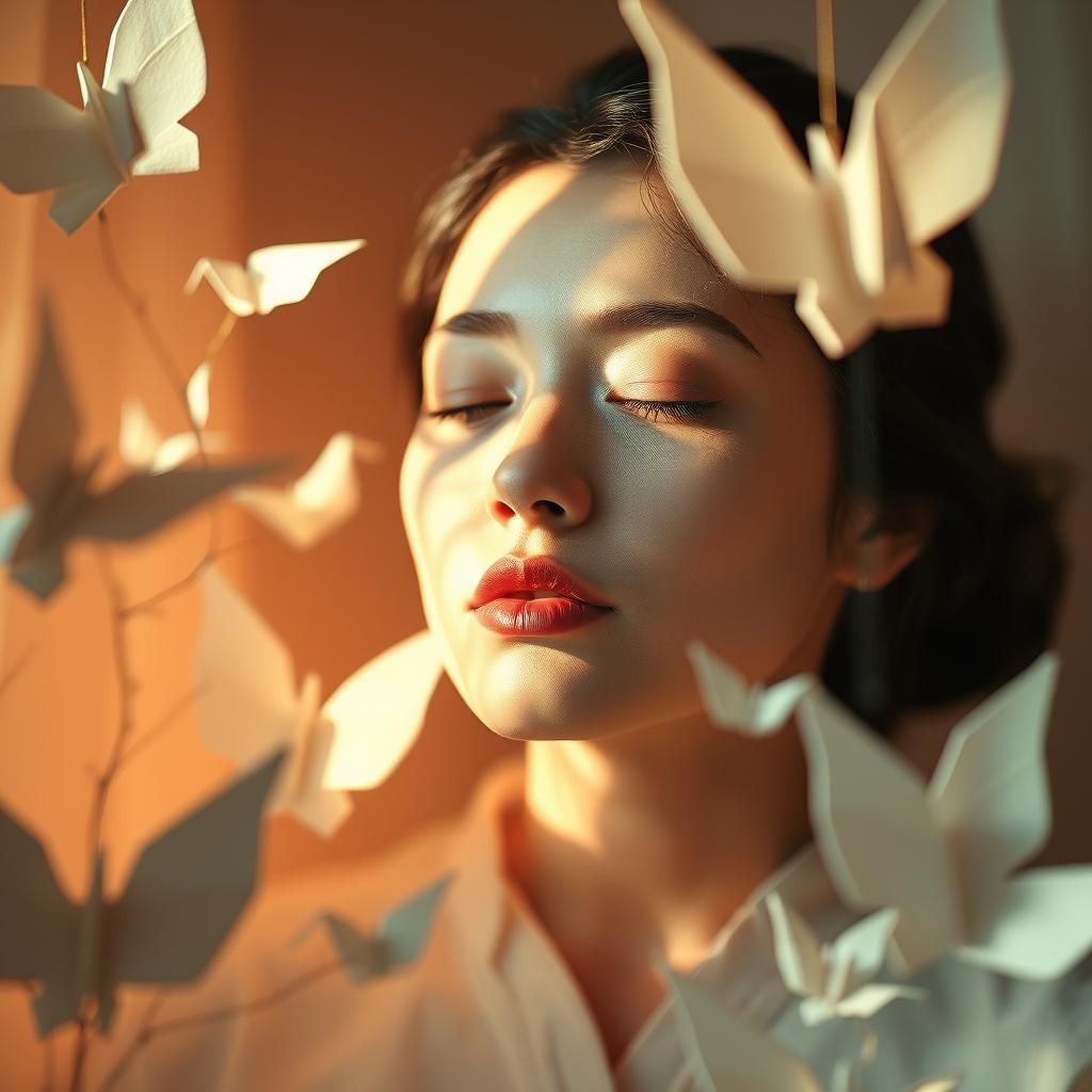 Serene Woman with Origami in Dreamy Lighting