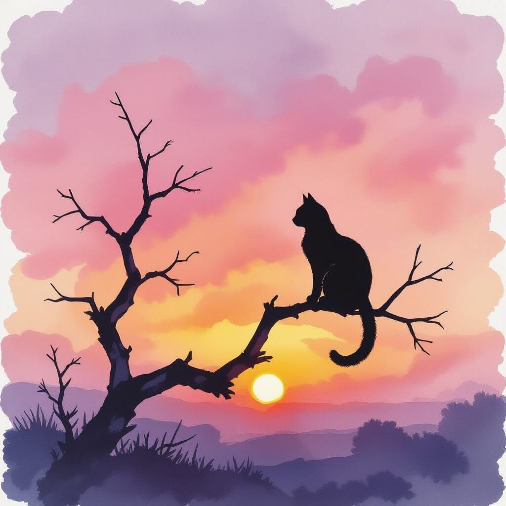 Watercolor Daybreak Sky With Cat Silhouette