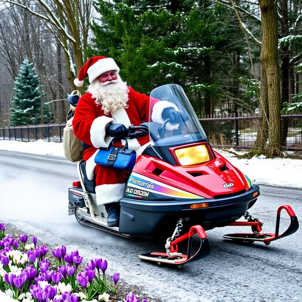Santa Spreads Spring Cheer on a Snowmobile