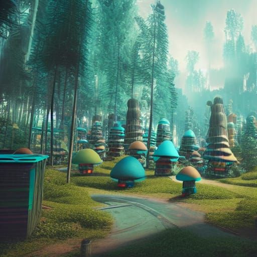 Cyberpunk Mushroom Village in Technicolor Style