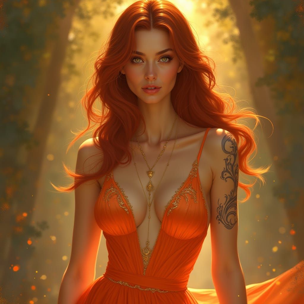 Elegant Siren in Coral Gown with Golden Accents