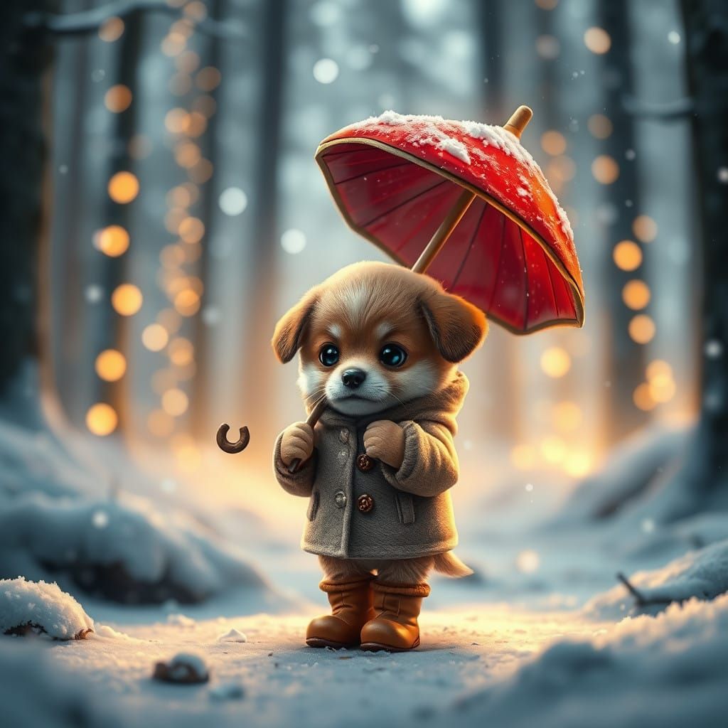 Whimsical Winter Wonder: Tiny Puppy Under Fungal Umbrella