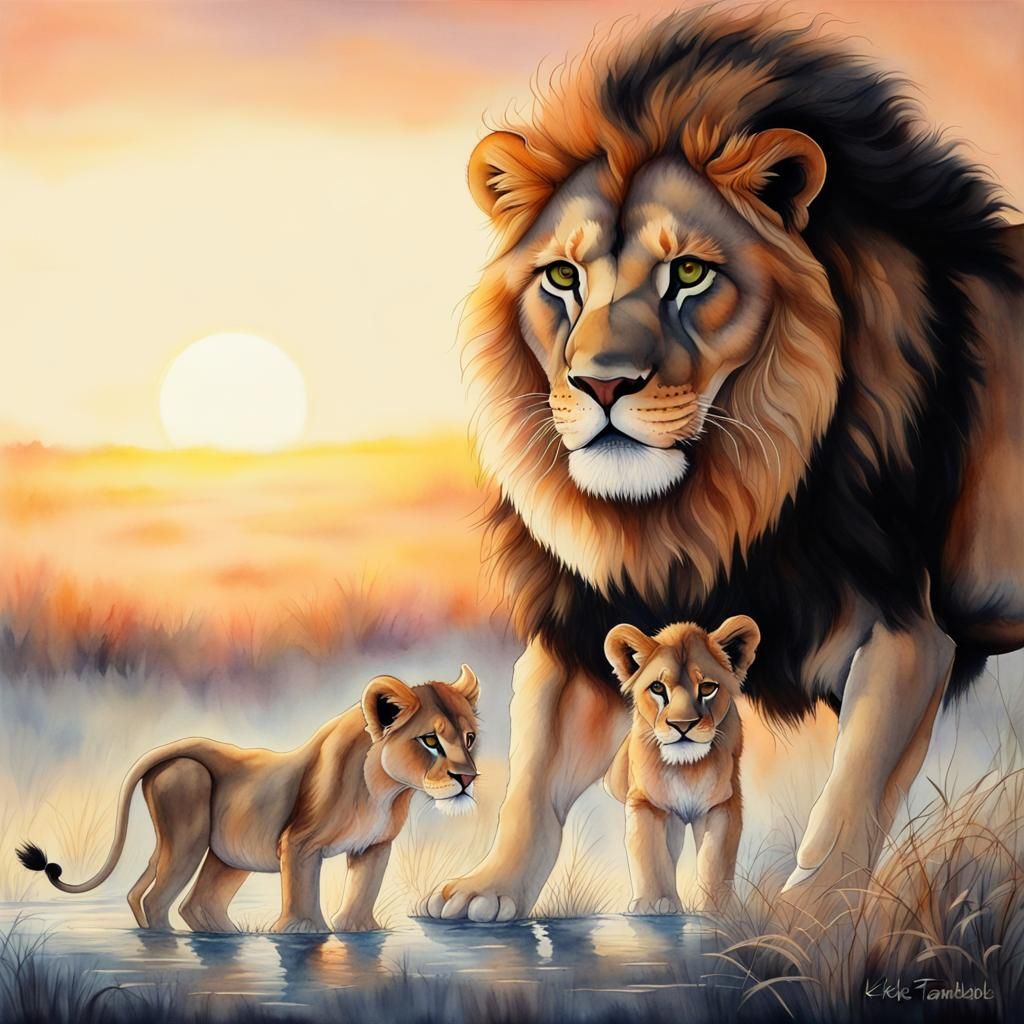 Savanna Sunset Lion Family in Watercolor