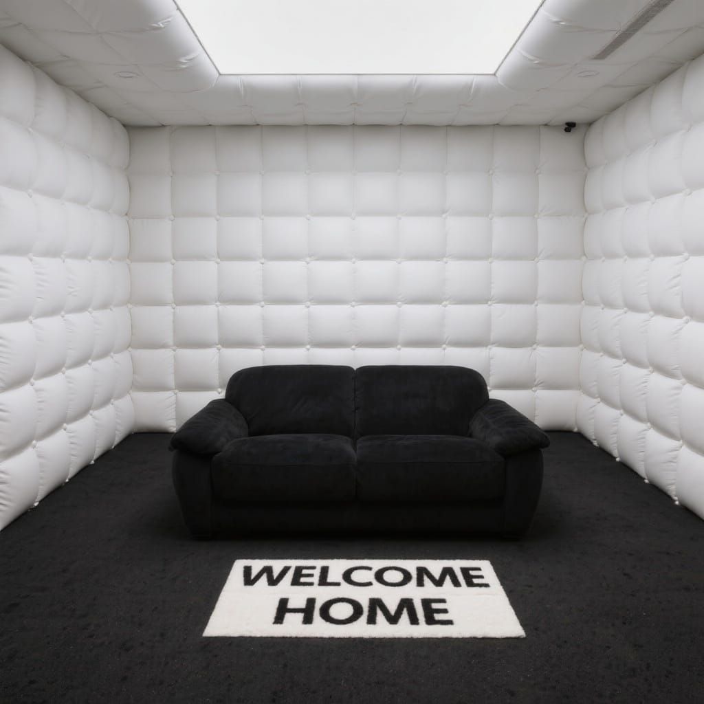 Black Couch in White Padded Room: Welcome Home