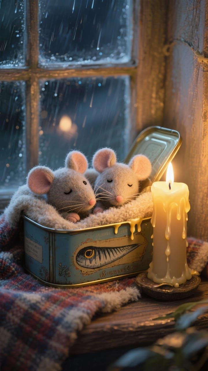 Cozy Felt Mice Sleeping in Sardine Tin with Candlelight