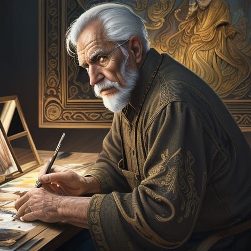 Grandfather Painting Art in Warm Studio Light