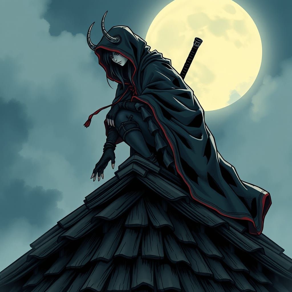 Mystical Oni Ninja Amidst Traditional Japan's Moonlit Roofs