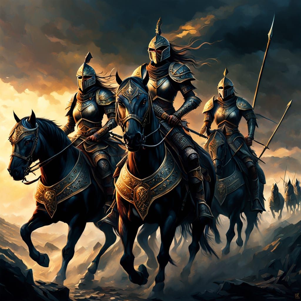 Female Warriors Ride to Battle: Dark Fantasy Oil Painting