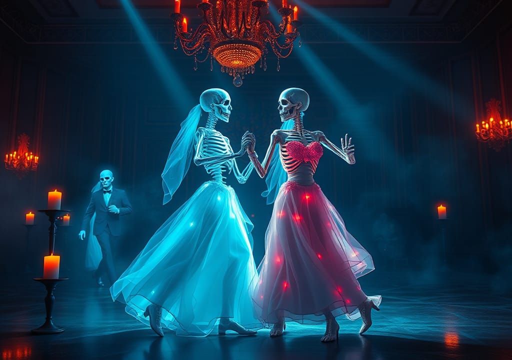 In a dimly lit ballroom, elegant skeleton couples dance to t...