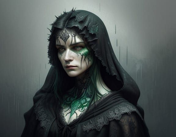 Ethereal Woman in Tattered Cloak, with Inkwork and Distresse...