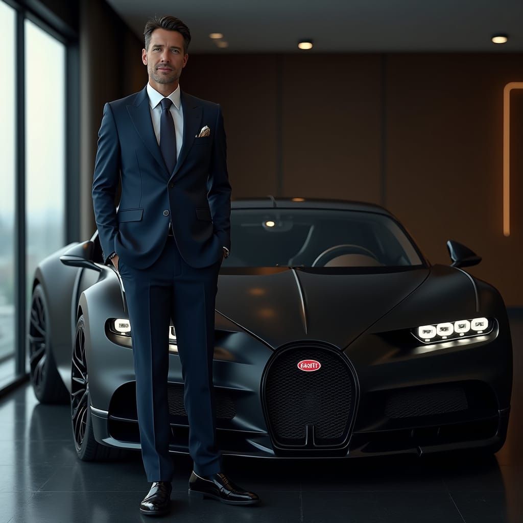 CEO and Bugatti Chiron in Ultra-Photorealistic Style