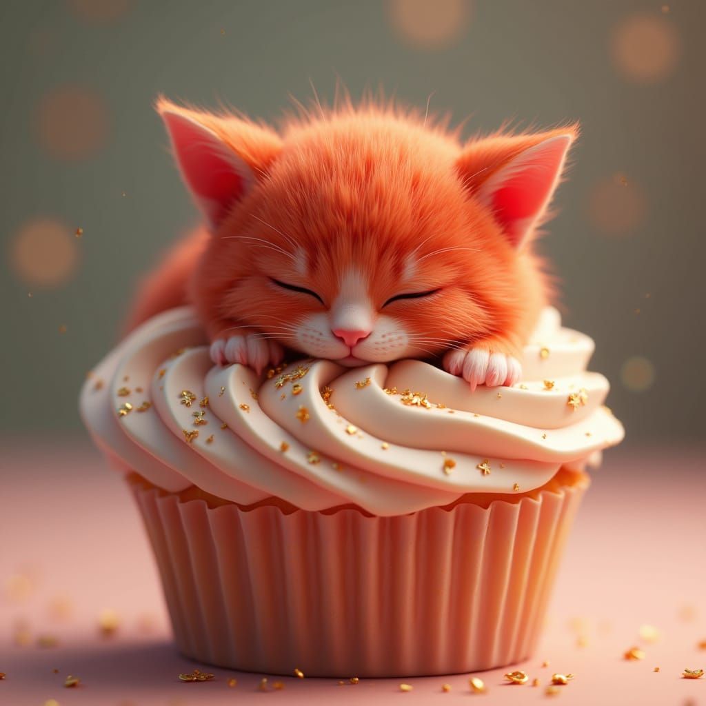 Whimsical Strawberry Cat on Cupcake