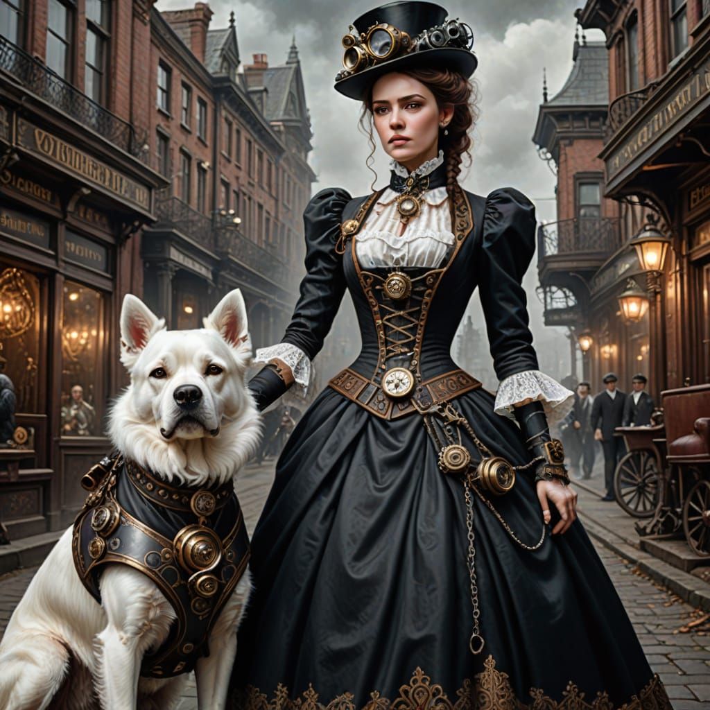 Steampunk Lady and Dog in Victorian Dress