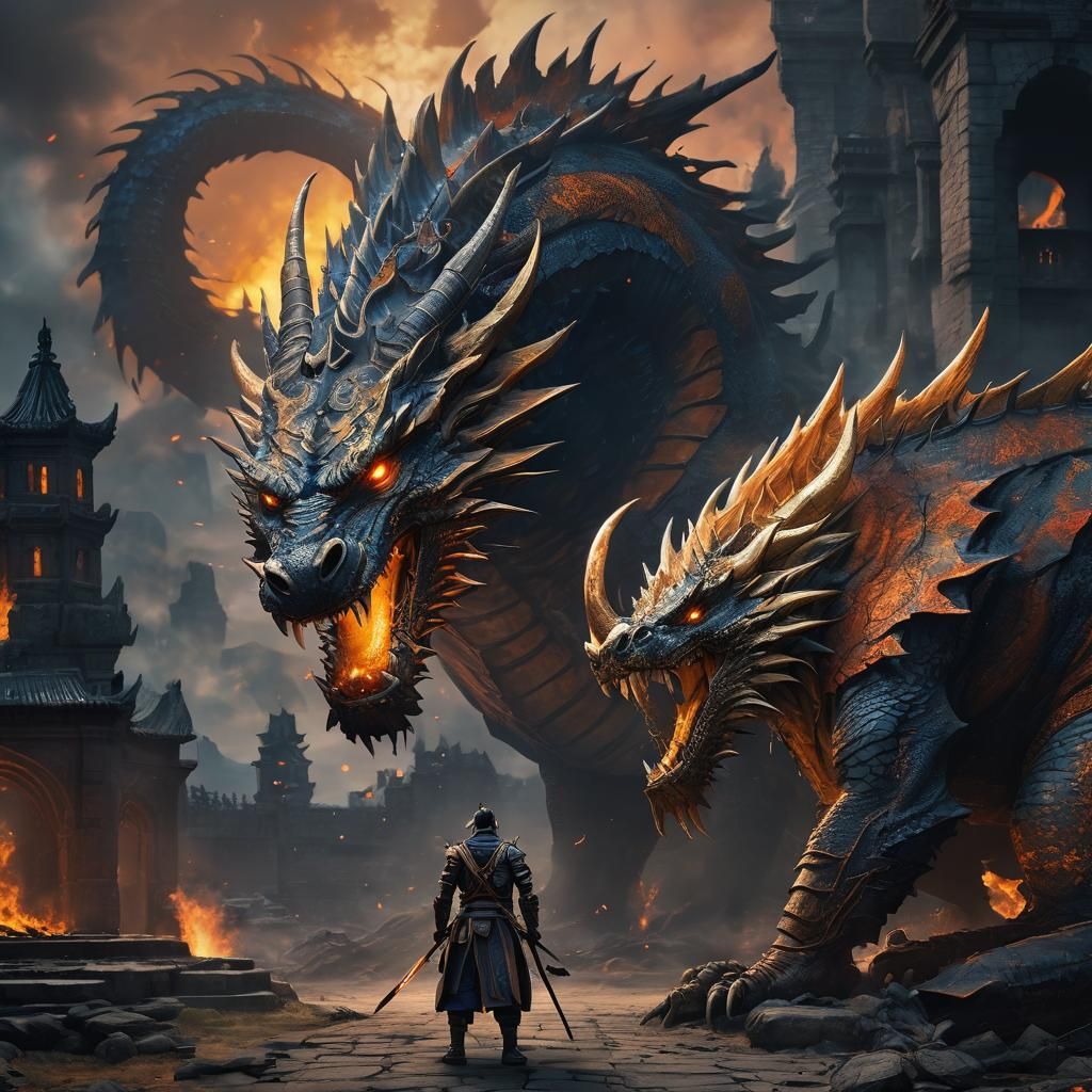 Samurai and Dragon Last Stand in Epic Fantasy Art