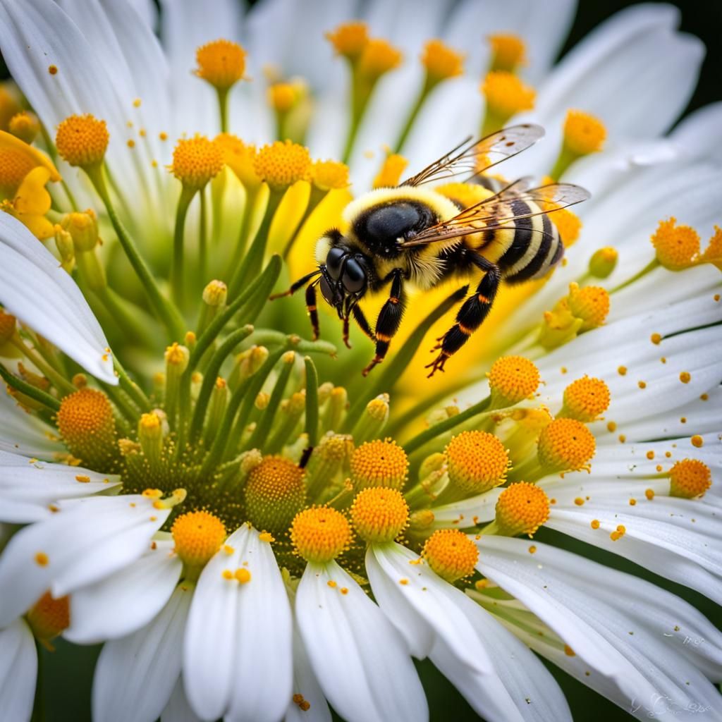 Bee Pollinating Lily Among Daisies