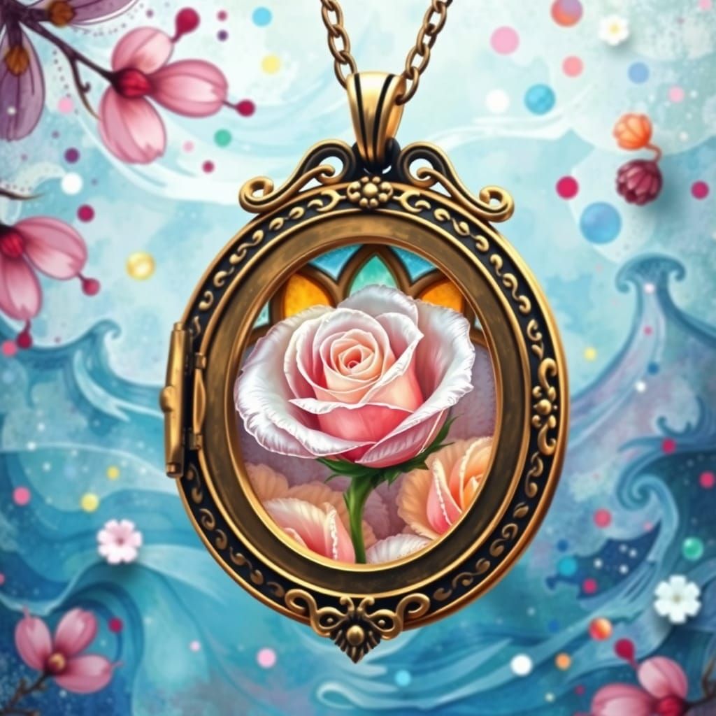 Ornate Locket with Crystal Rose in Watercolor Style