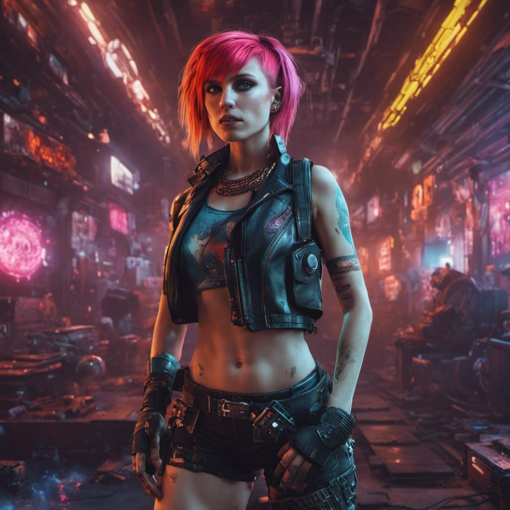 Hayley Williams in Cyberpunk Outfit, Detailed Matte Painting