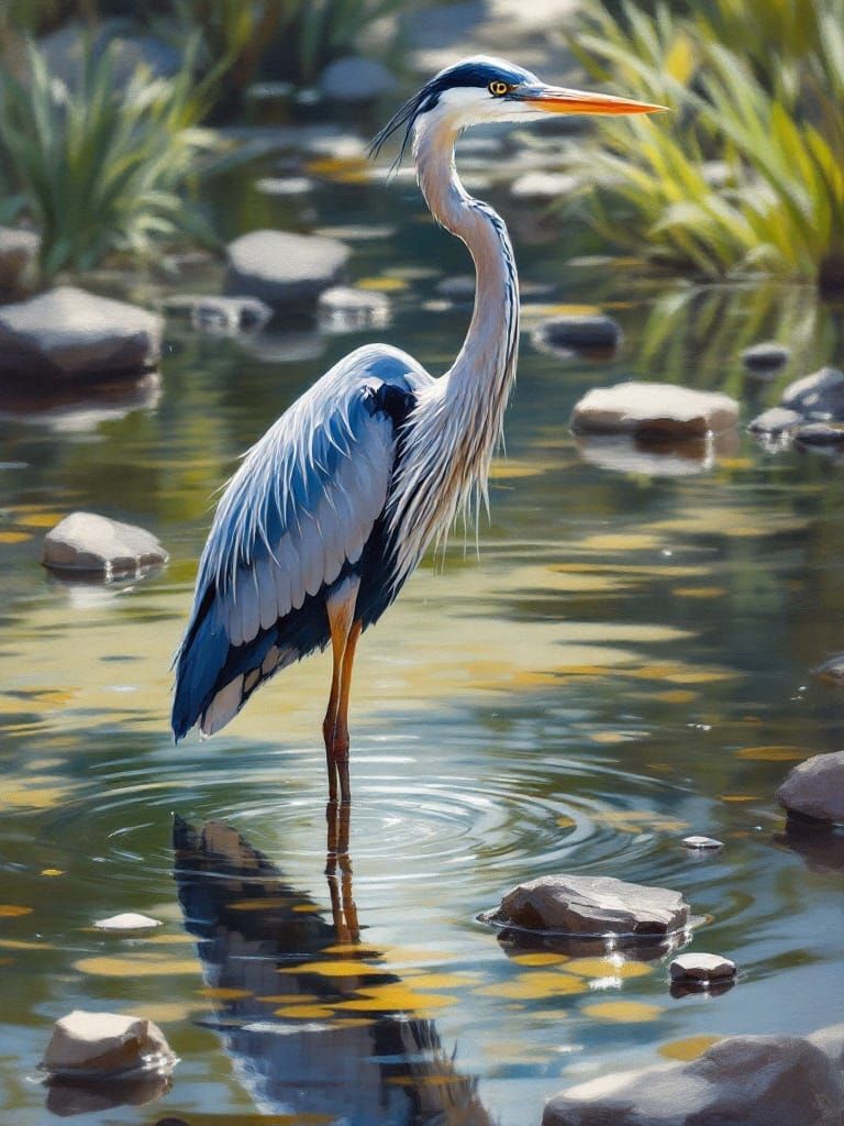 Elegant Great Blue Heron in Serene Pond Landscape