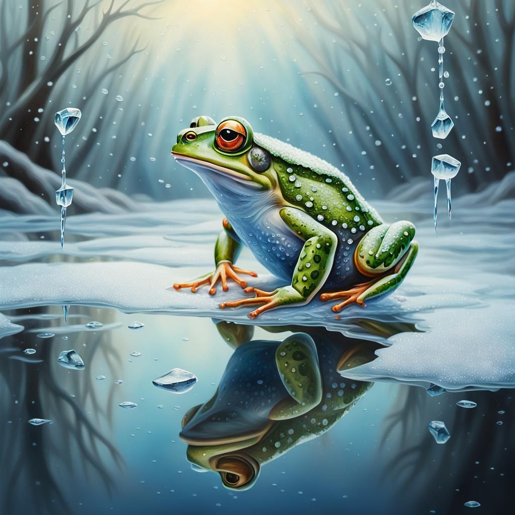 Hyper-Realistic Oil Painting of Frozen Frog in Mid-Air