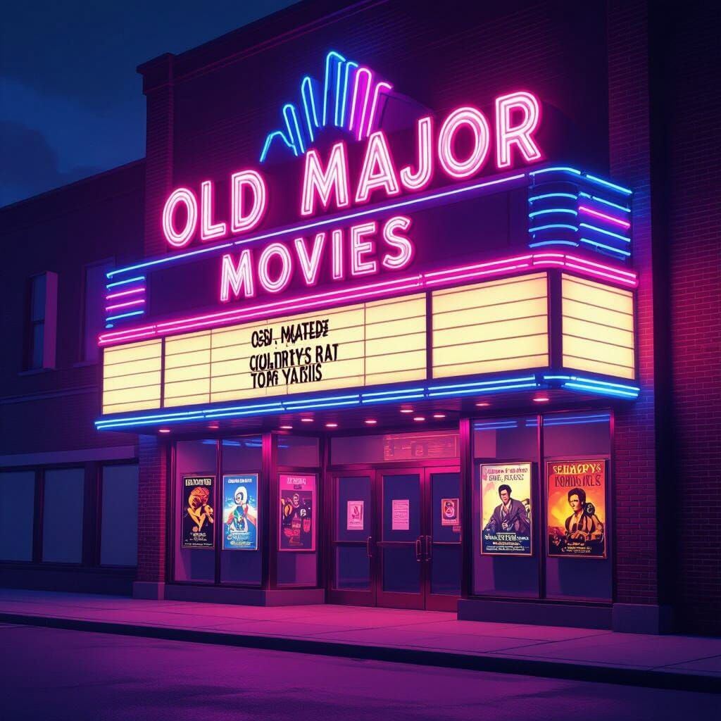 Retro 80s Movie Theater "Old Major Movies" in Neon