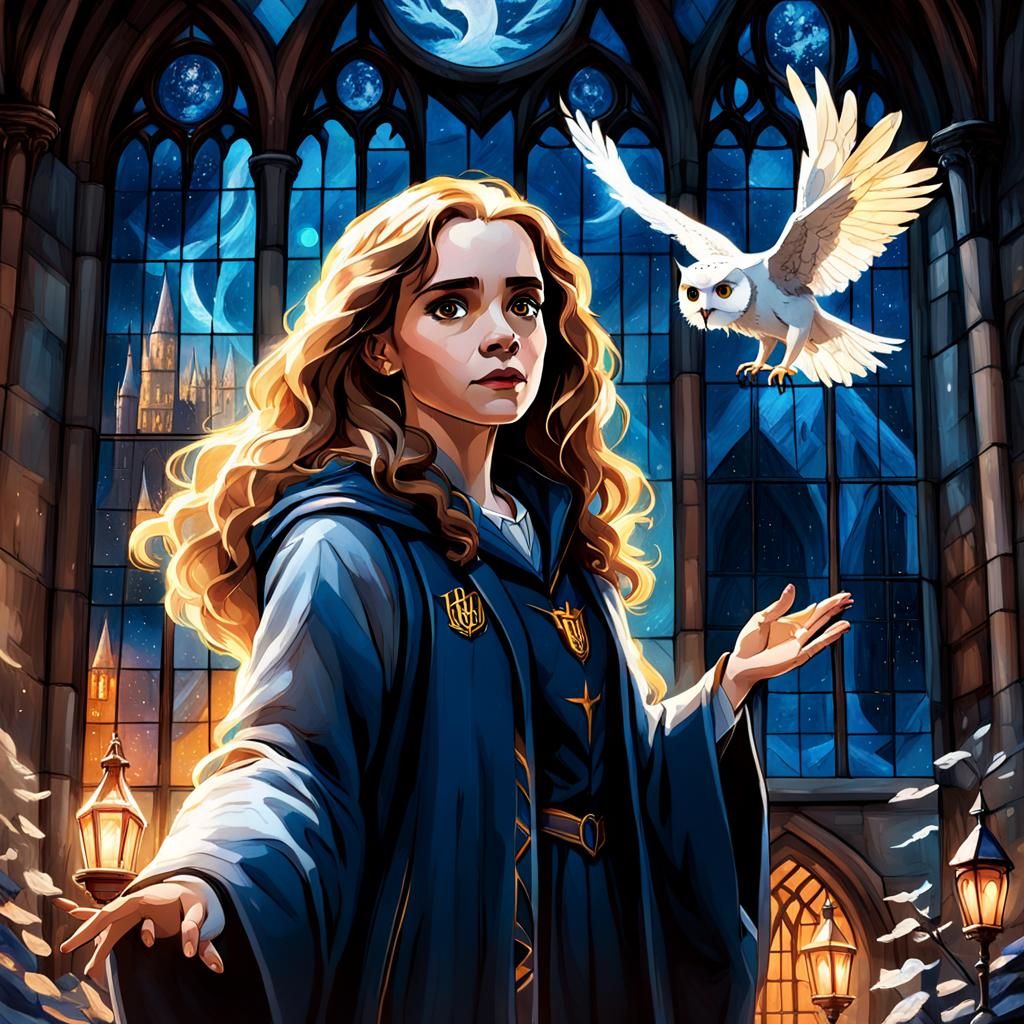 Hermione and Hedwig in Moonlit Courtyard