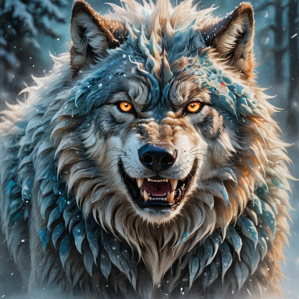 Roaring Wolf-Yeti Portrait in Neon Digital Oil