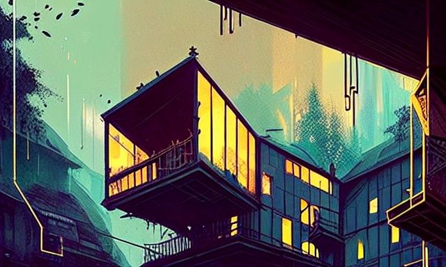 Hyperdetailed Coffee Eatery with Balcony Pods