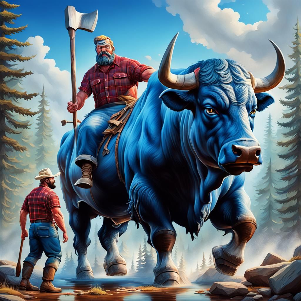 Hyperrealistic Paul Bunyan and Babe the Blue Ox