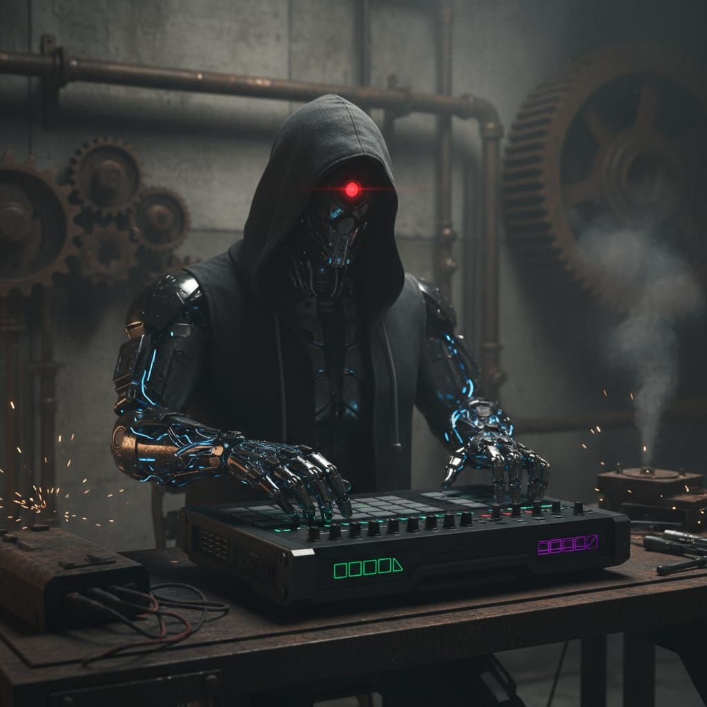 Dark Hooded Cyborg Plays Digital Drums in Industrial Setting