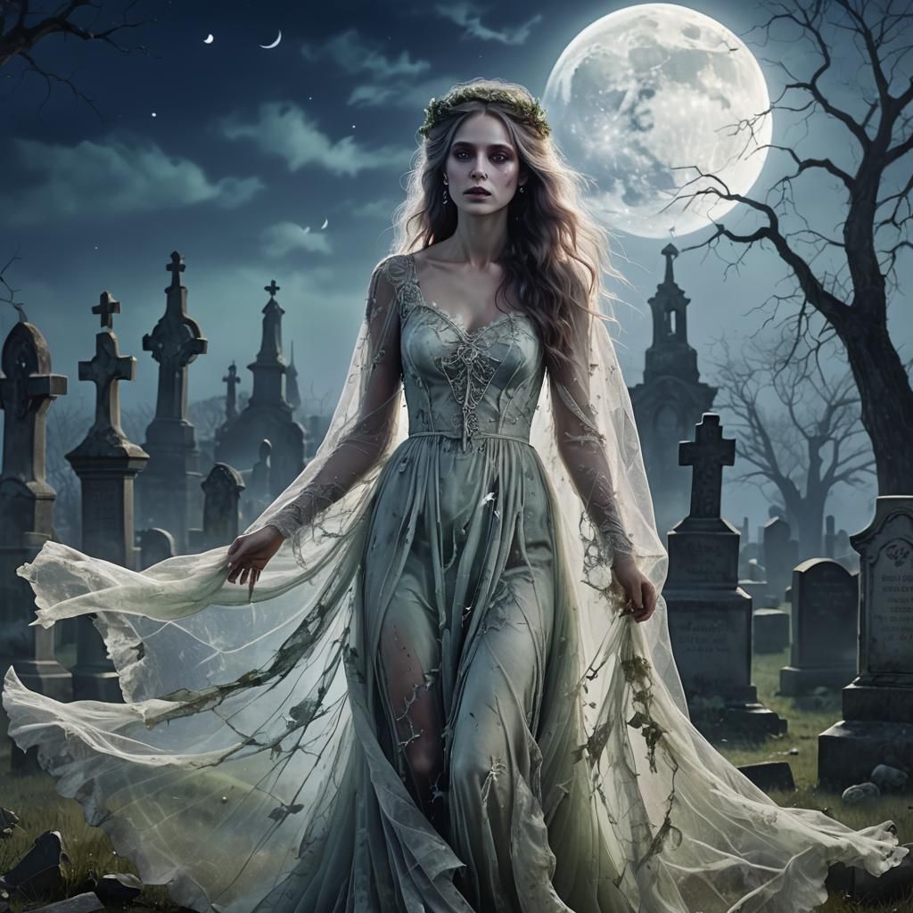 Ethereal Ghost Bride in Moonlit Graveyard