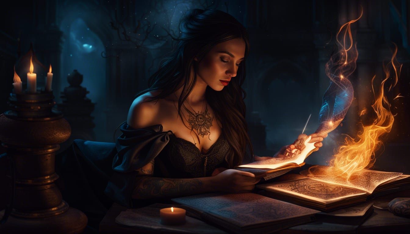 Brunette Witch Reading Grimoire by Torchlight