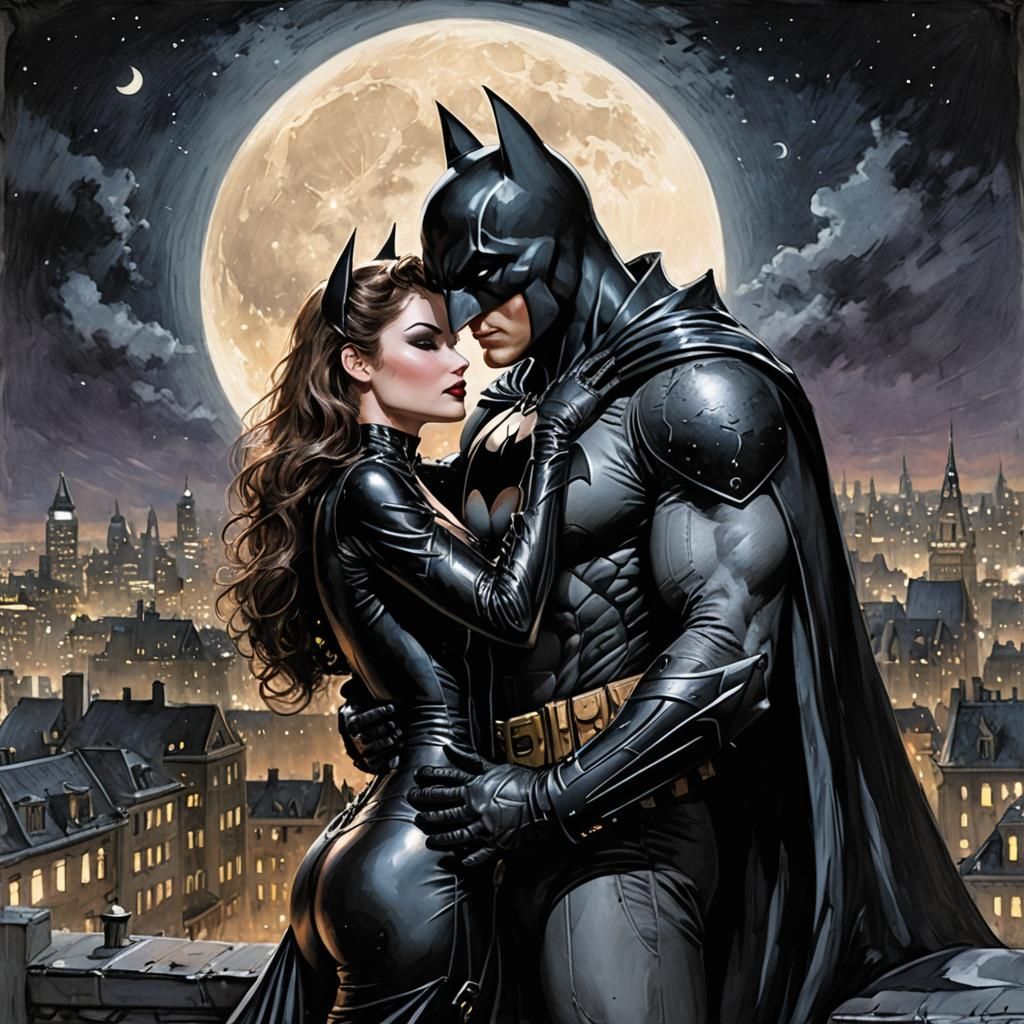Batman and Catwoman: Rooftop Romance in Figurative Style