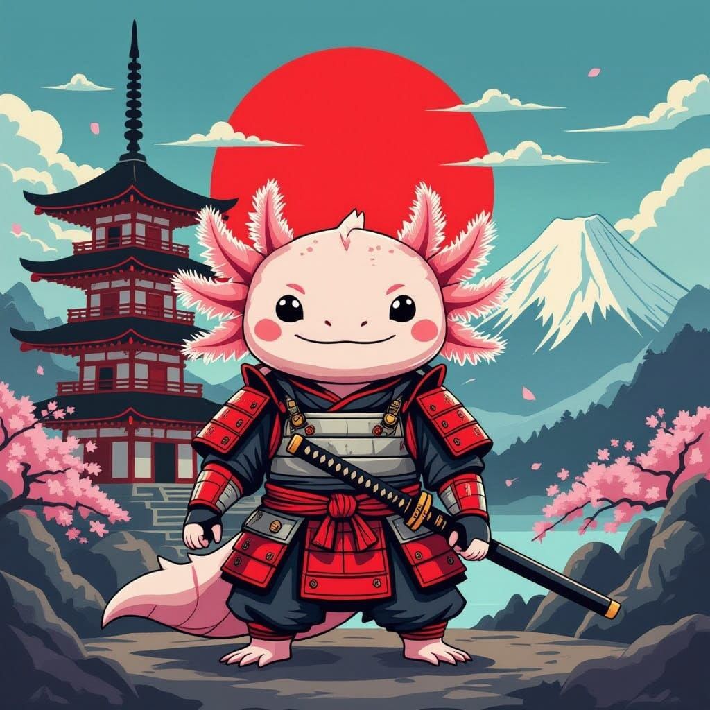 Axolotl Samurai Warrior with Mount Fuji
