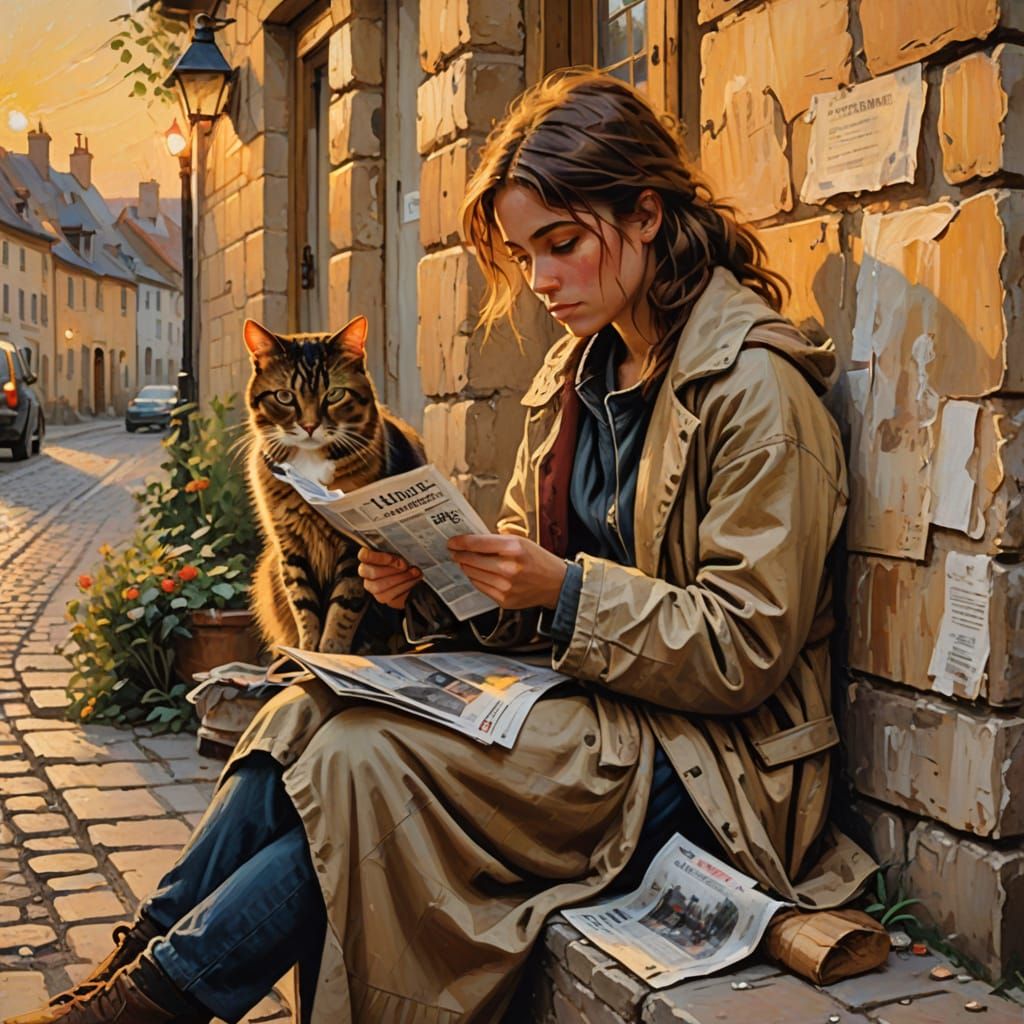 Impressionistic Painting of Girl Reading Newspaper in Villag...