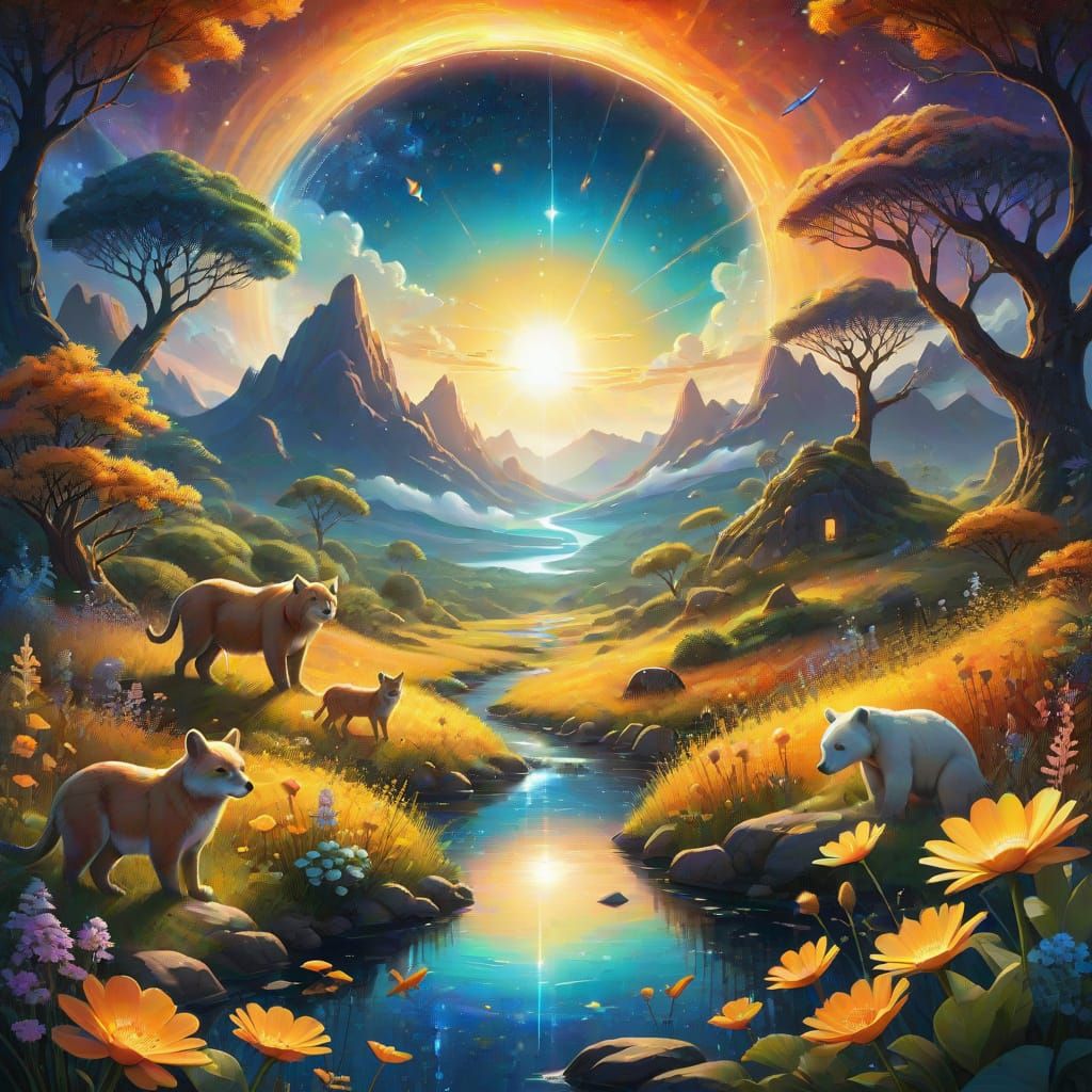 Surreal Wildlife in a Vibrant Utopic Landscape